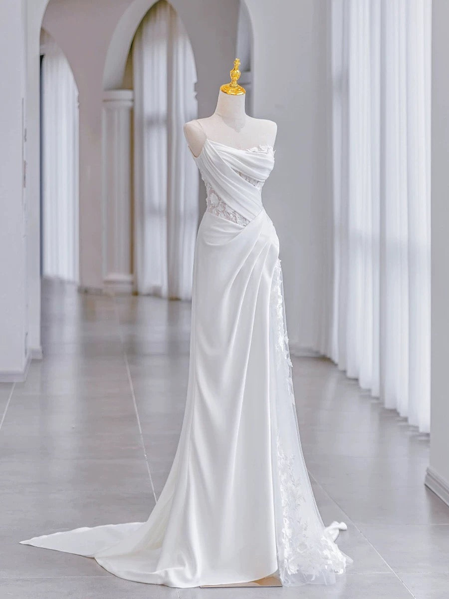 Chic Sheath Strapless Sleeveless White Satin Wedding Dresses With Ruffles