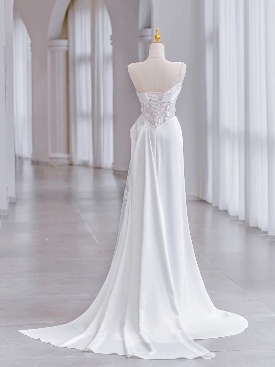 Chic Sheath Strapless Sleeveless White Satin Wedding Dresses With Ruffles