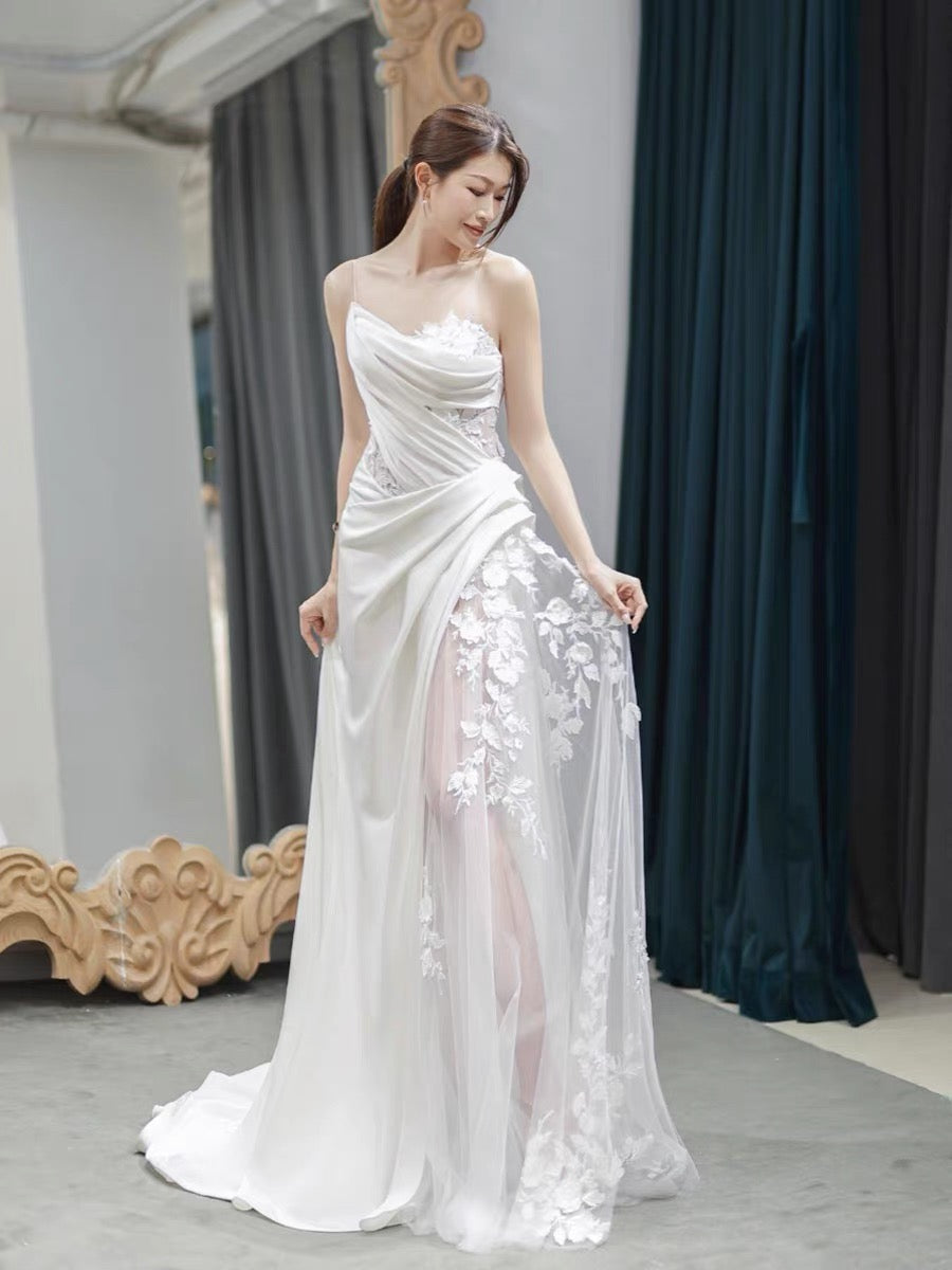 Chic Sheath Strapless Sleeveless White Satin Wedding Dresses With Ruffles