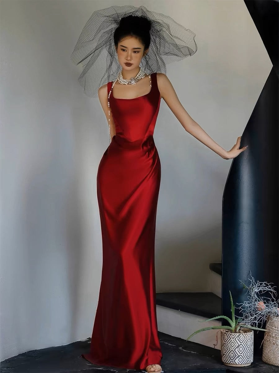 Simple A-line Square Neckline Satin Red Long Evening Dress Prom Dress