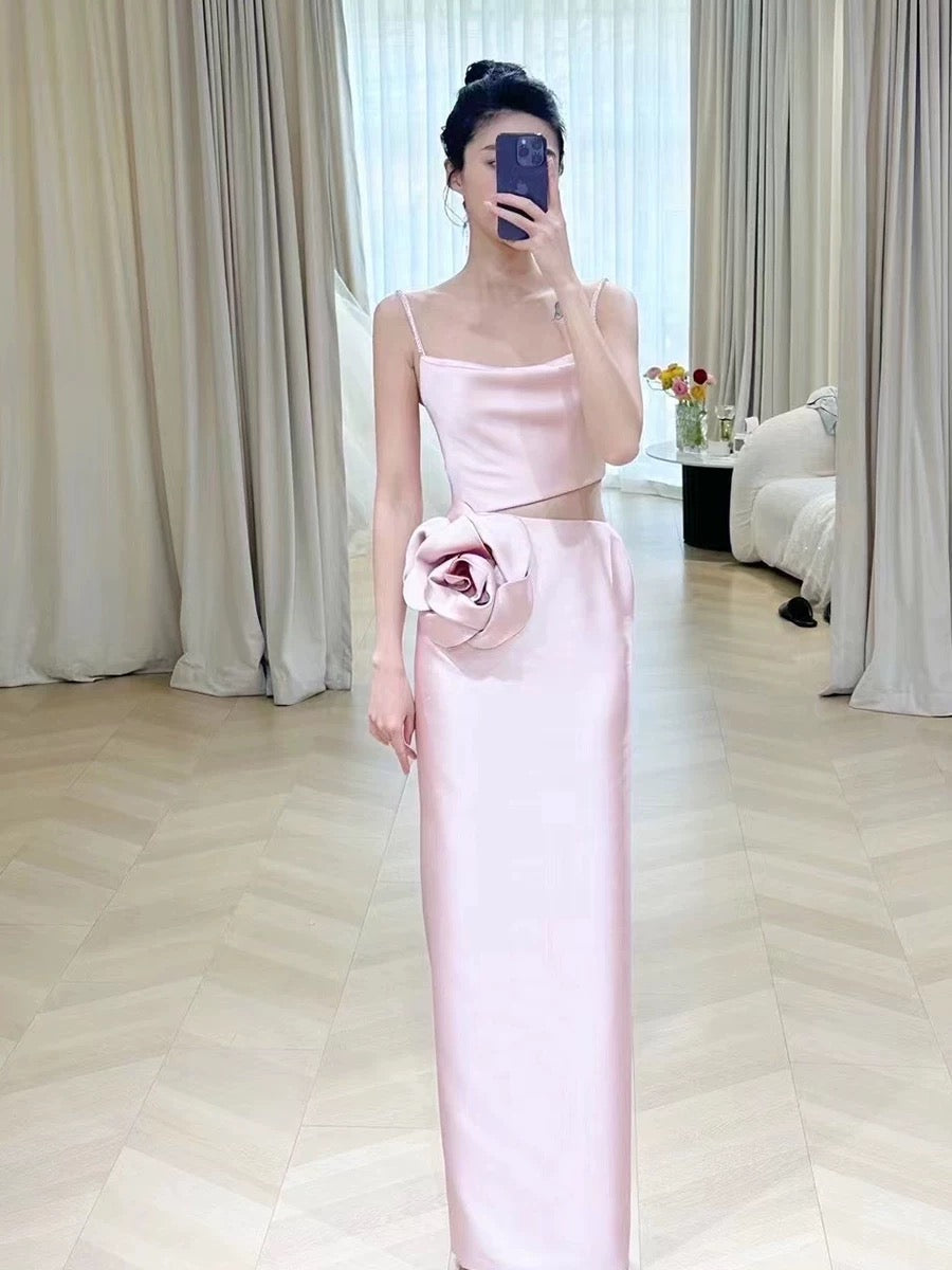 Simple A-line Spaghetti Straps Satin Pink Long Evening Dress Prom Dress