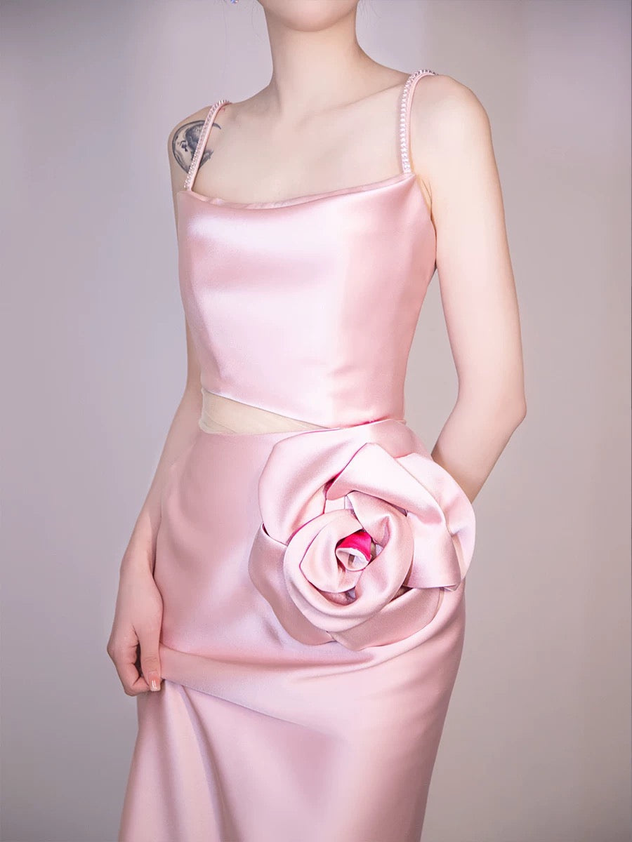 Simple A-line Spaghetti Straps Satin Pink Long Evening Dress Prom Dress