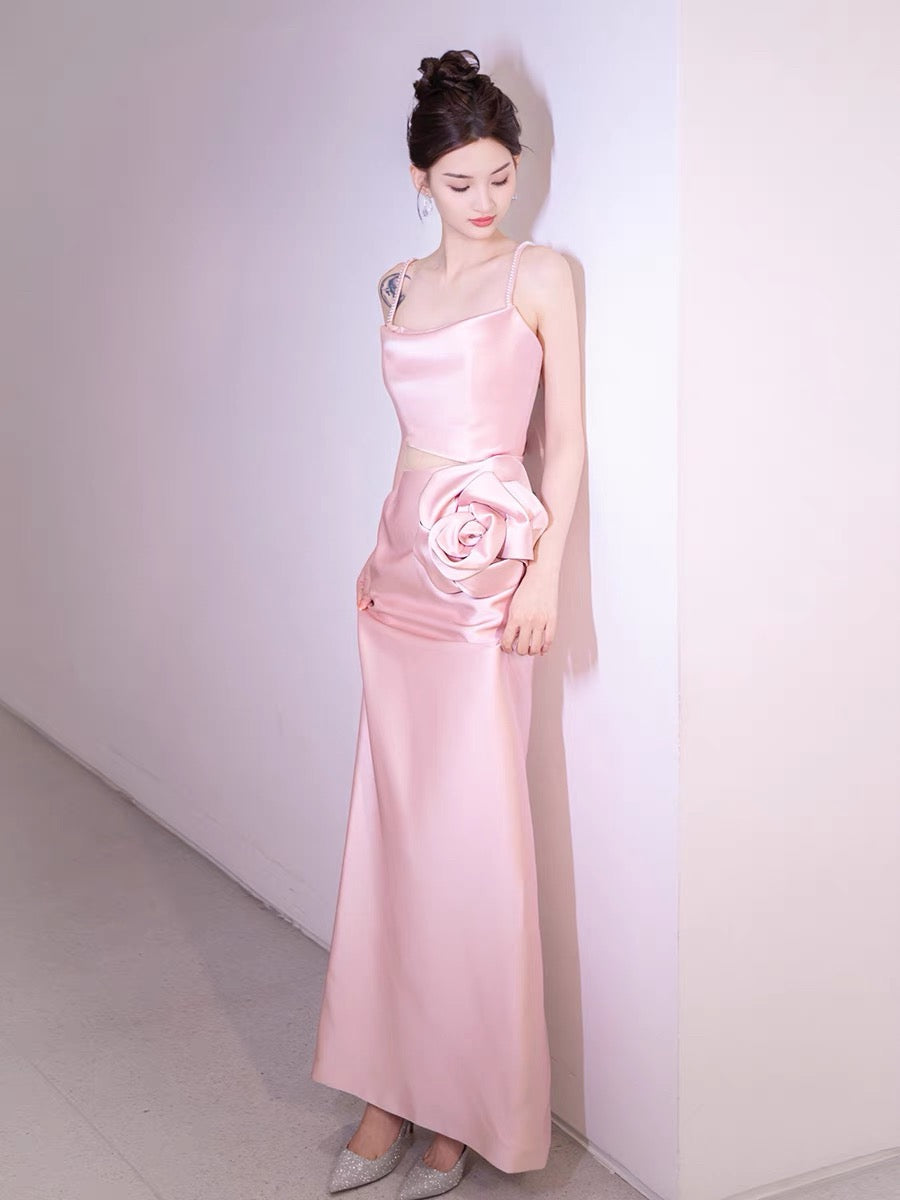 Simple A-line Spaghetti Straps Satin Pink Long Evening Dress Prom Dress