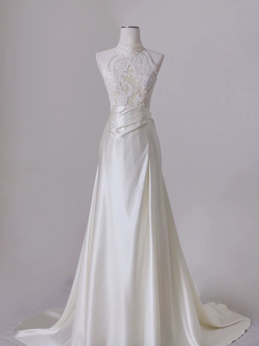 Chic A line High Neckline Sleeveless White Satin Wedding Dresses With Ruffles
