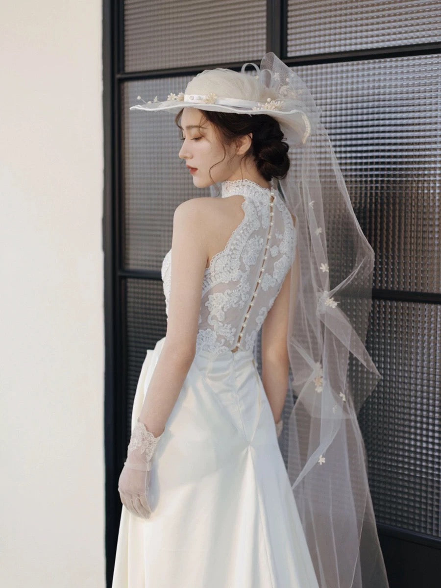 Chic A line High Neckline Sleeveless White Satin Wedding Dresses With Ruffles
