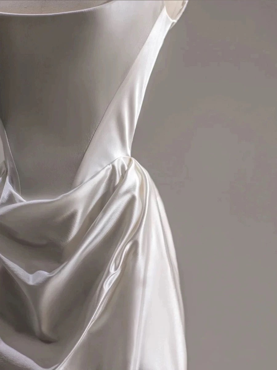 Chic Sheath Square Neckline Sleeveless White Satin Wedding Dresses With Ruffles