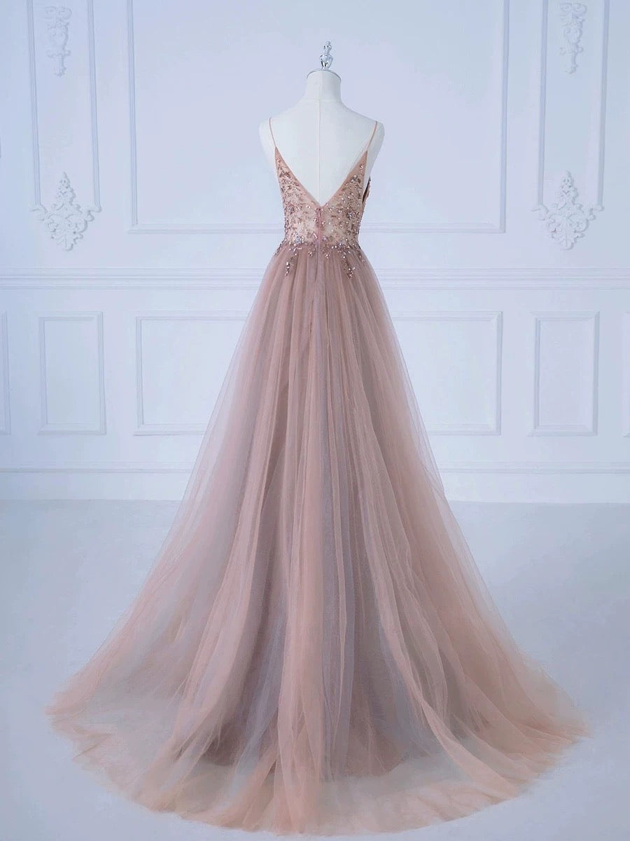 Elegant A-Line Spaghetti Straps Tulle Long Prom Dress Evening Dress