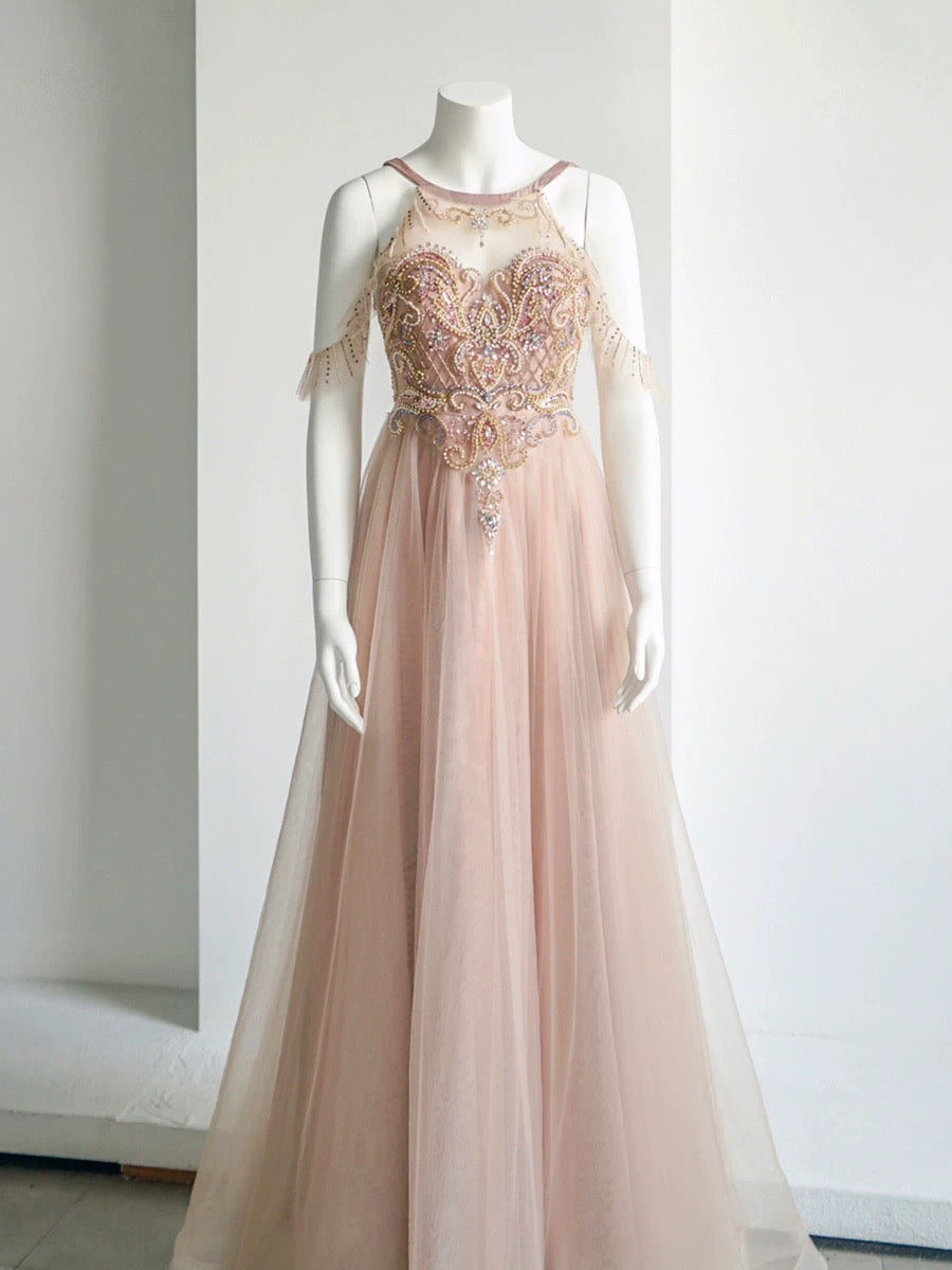 Elegant A-Line Jewel Neckline Tulle Long Prom Dress Evening Dress