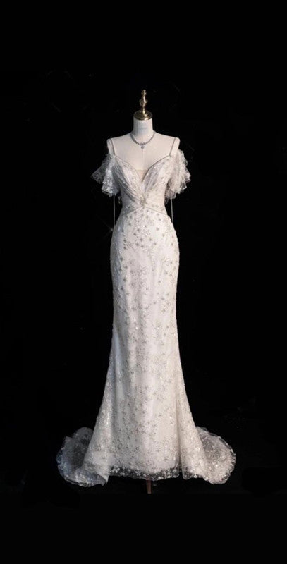 Elegant Mermaid Off The Shoulder Tulle Wedding Dresses