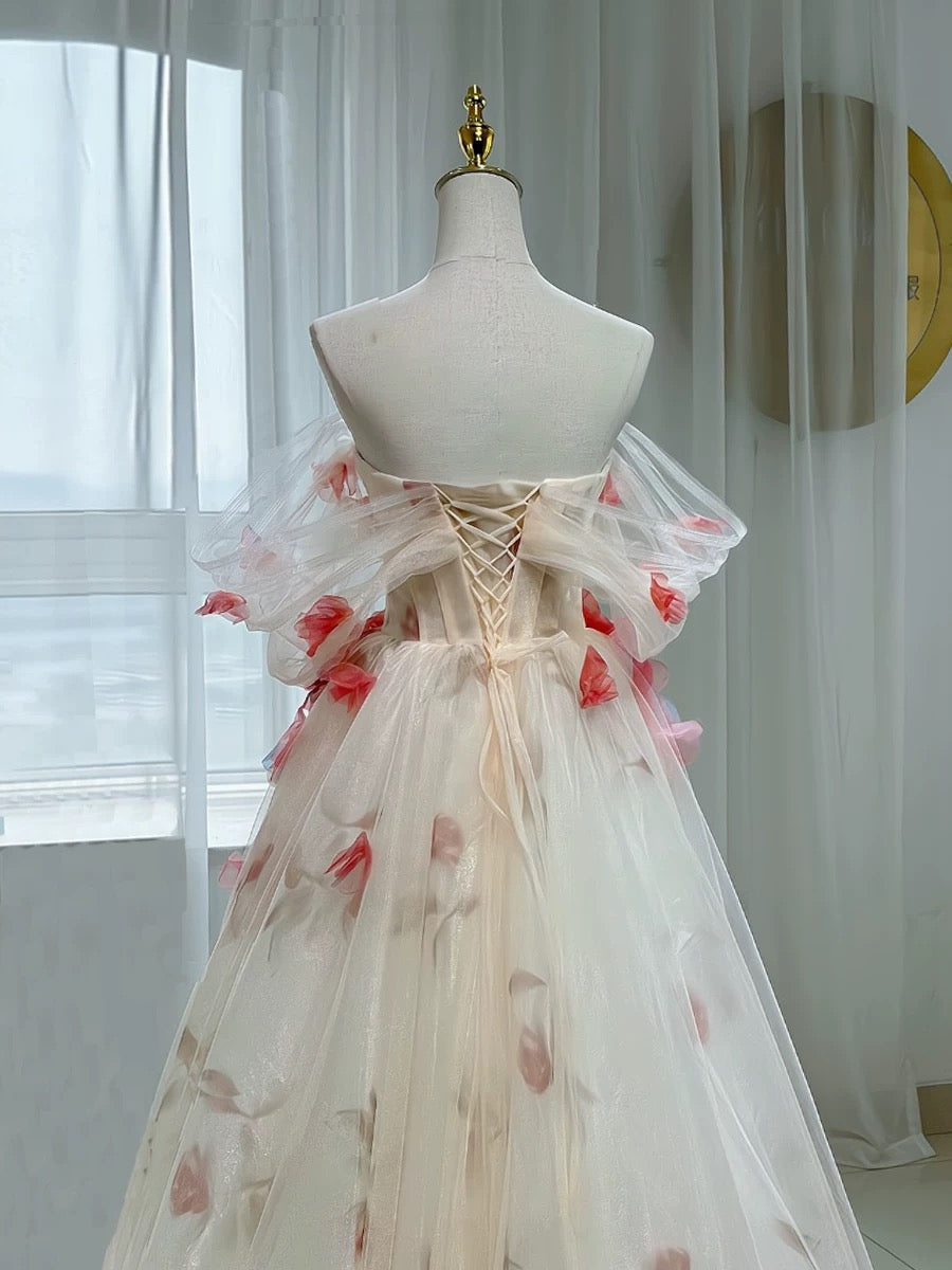 Elegant A-Line Off The Shoulder Flowers Tulle Long Prom Dress Evening Dress