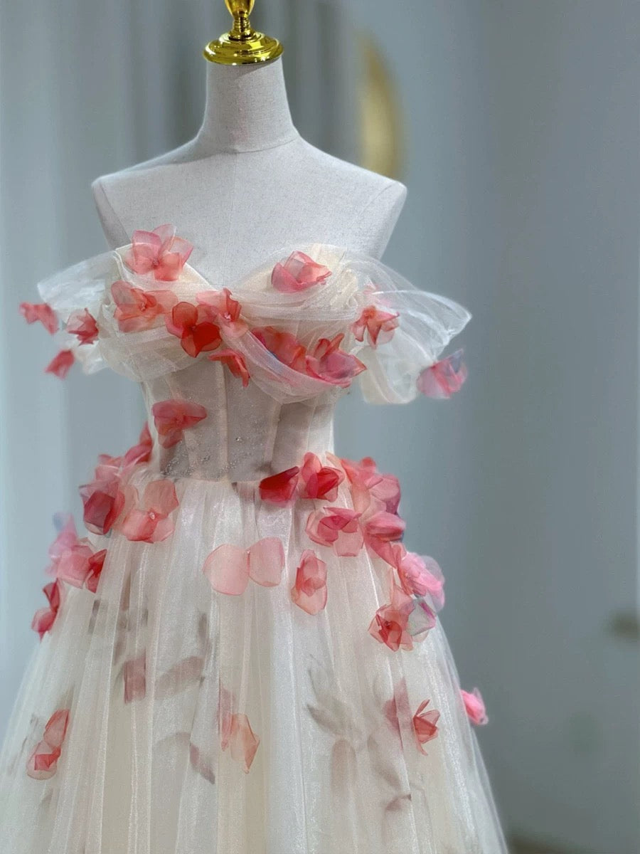 Elegant A-Line Off The Shoulder Flowers Tulle Long Prom Dress Evening Dress