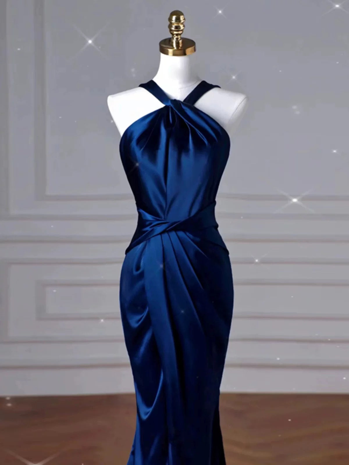 Sexy Mermaid High Neckline Navy Blue Satin Evening Dress Long Prom Dresses Party Dress With Ruffles