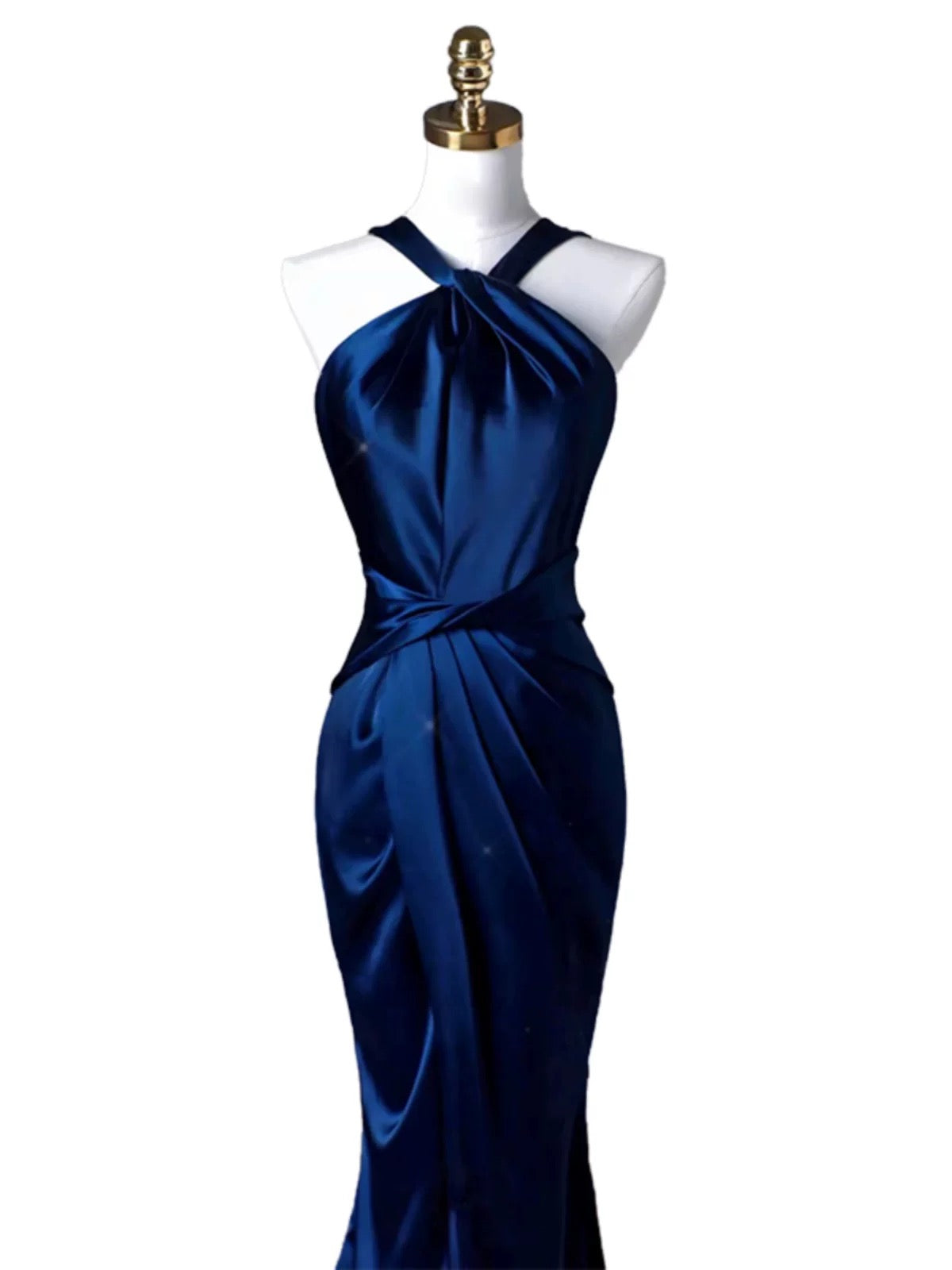 Sexy Mermaid High Neckline Navy Blue Satin Evening Dress Long Prom Dresses Party Dress With Ruffles