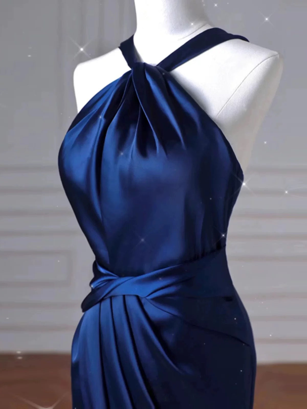 Sexy Mermaid High Neckline Navy Blue Satin Evening Dress Long Prom Dresses Party Dress With Ruffles
