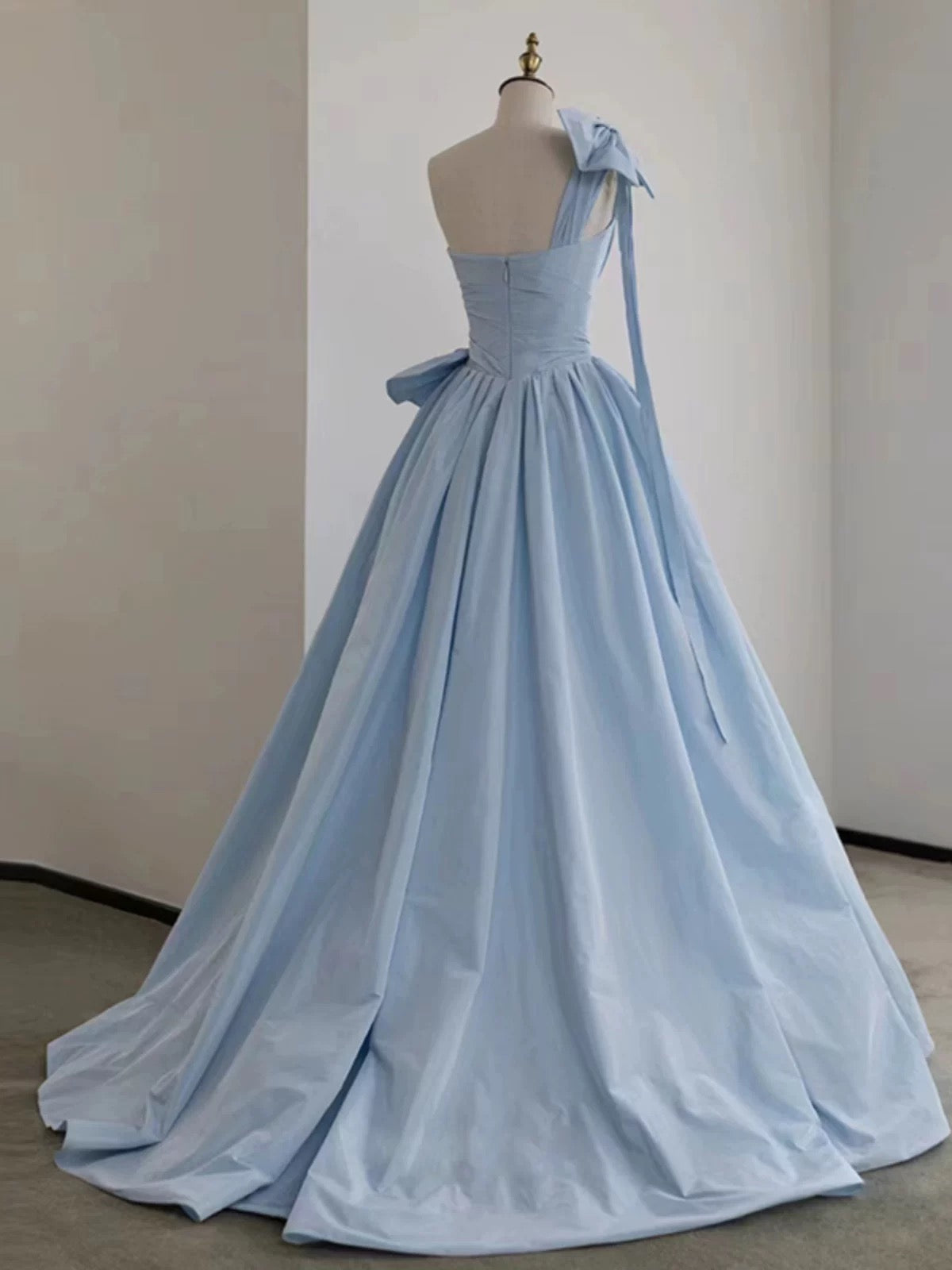 Elegant Ball Gown One Shoulder Light Sky Blue Satin Flowers Long Prom Dress Evening Dress