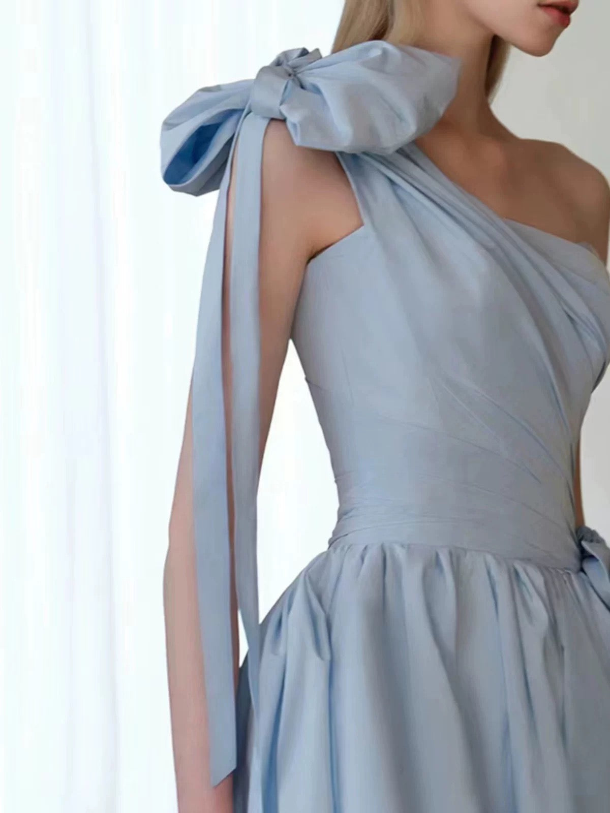 Elegant Ball Gown One Shoulder Light Sky Blue Satin Flowers Long Prom Dress Evening Dress