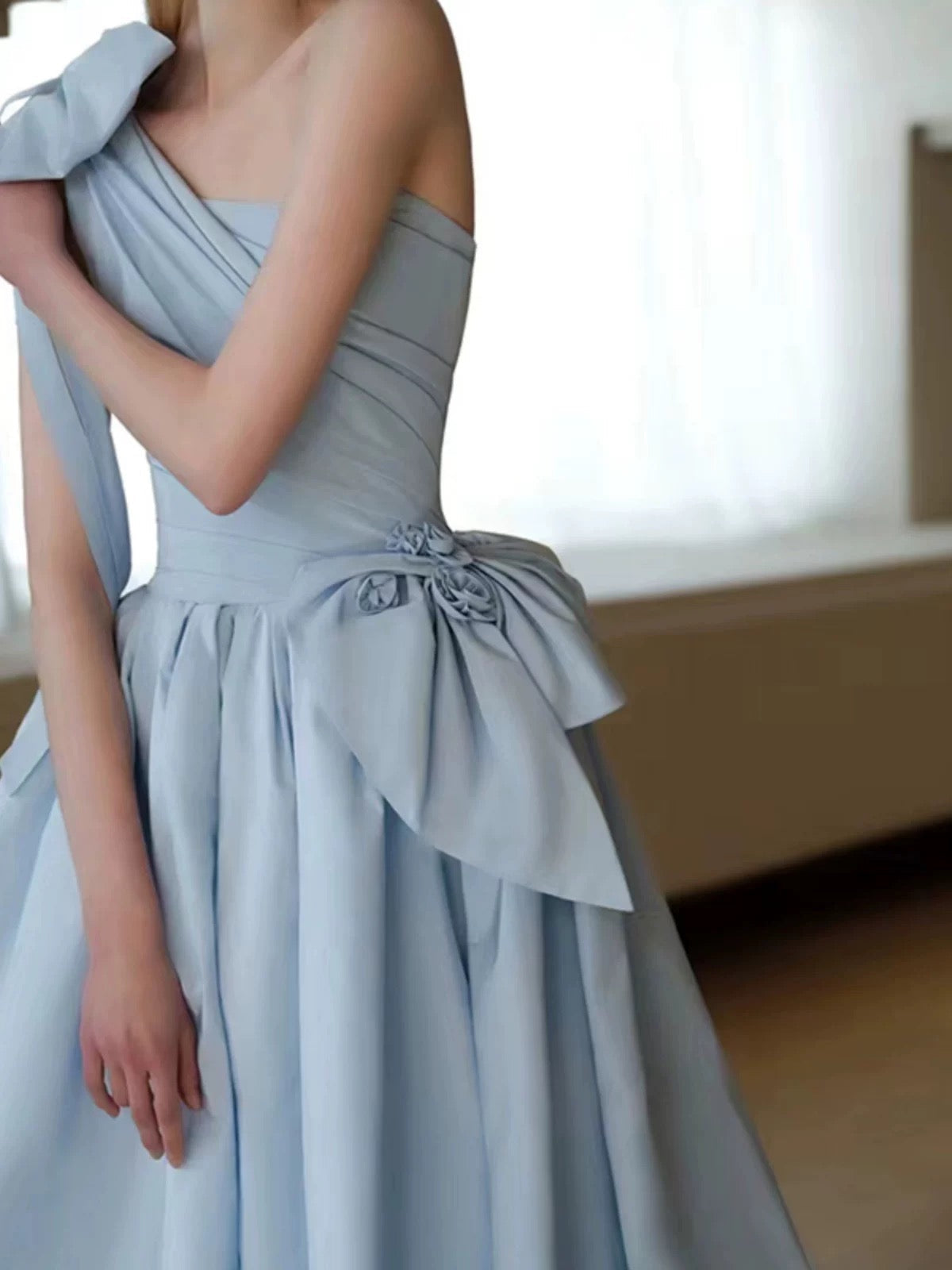 Elegant Ball Gown One Shoulder Light Sky Blue Satin Flowers Long Prom Dress Evening Dress