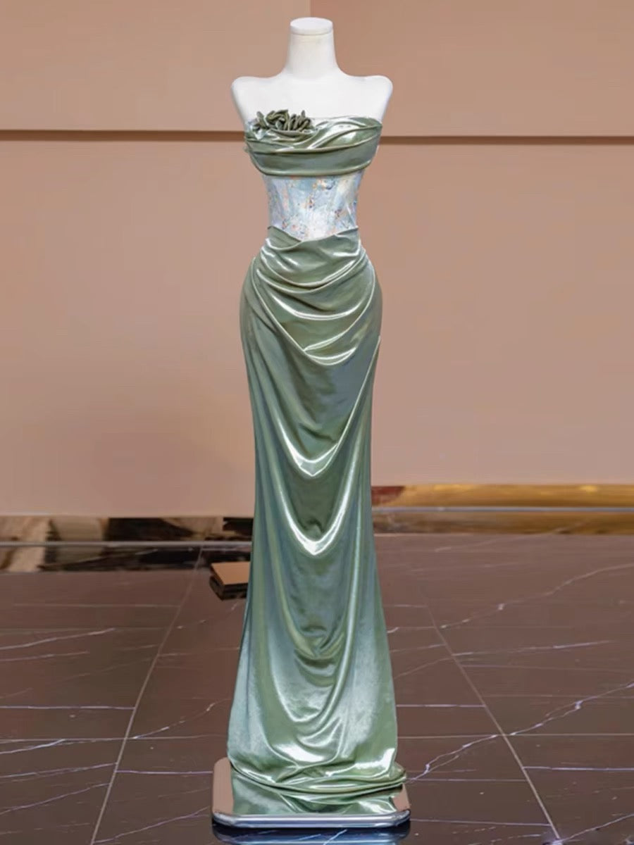 Sexy Mermaid Strapless Green Satin Evening Dress Long Prom Dresses Party Dress With Ruffles