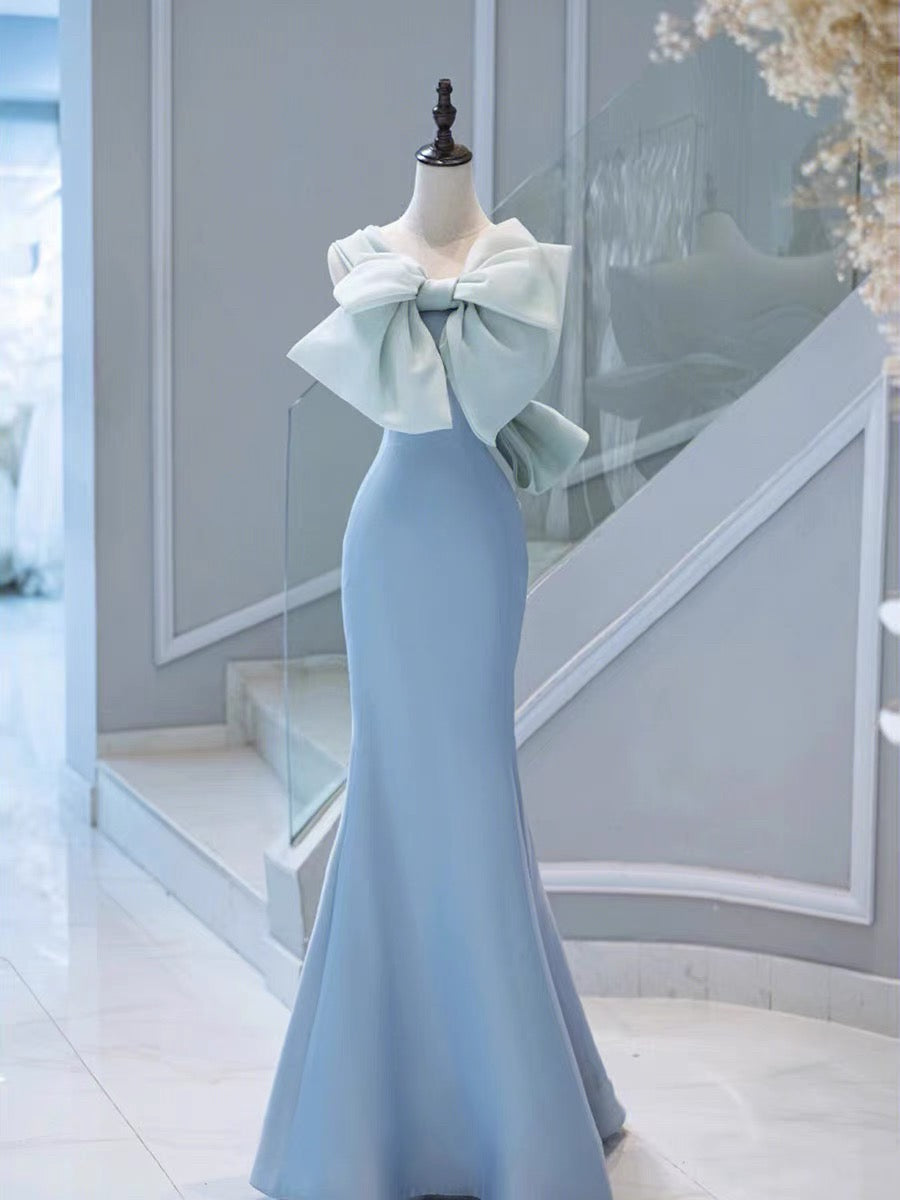 Elegant Mermaid One Shoulder Light Sky Blue Satin Bow Long Prom Dress Evening Dress