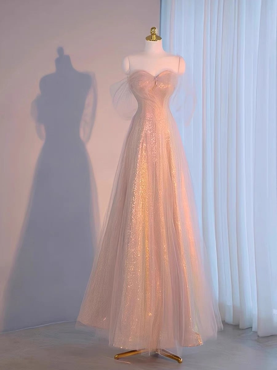 Elegant A Line Spaghetti Straps Pink Sequin Long Prom Dress Evening Dresses