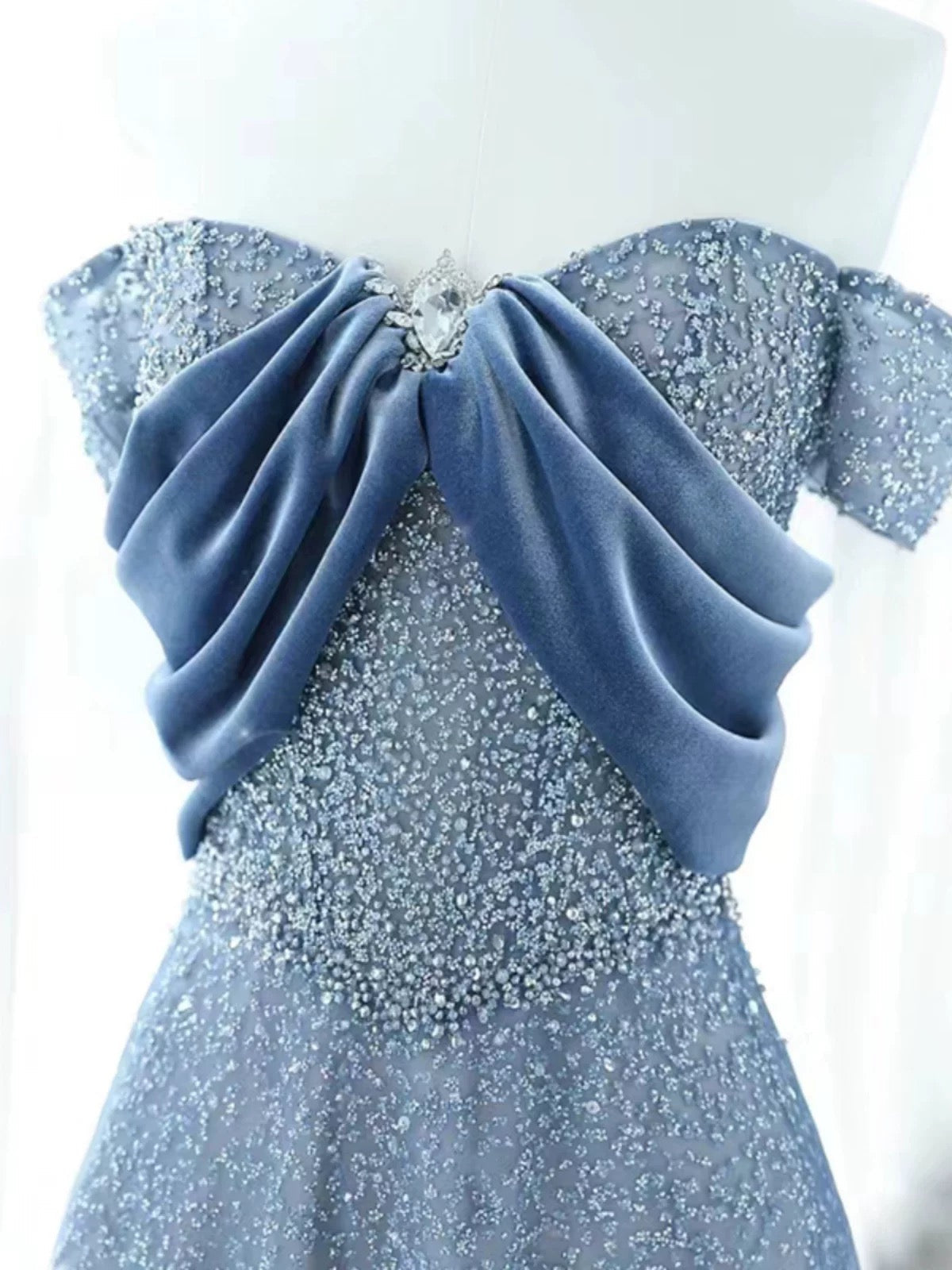 Elegant A Line Off The Shoulder Blue Sequin Long Prom Dress Evening Dresses