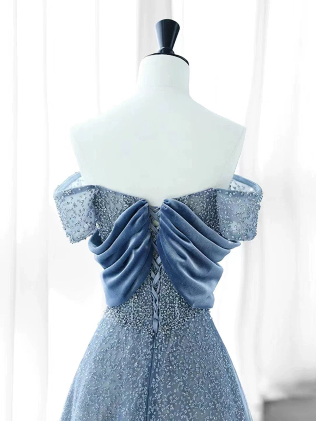 Elegant A Line Off The Shoulder Blue Sequin Long Prom Dress Evening Dresses