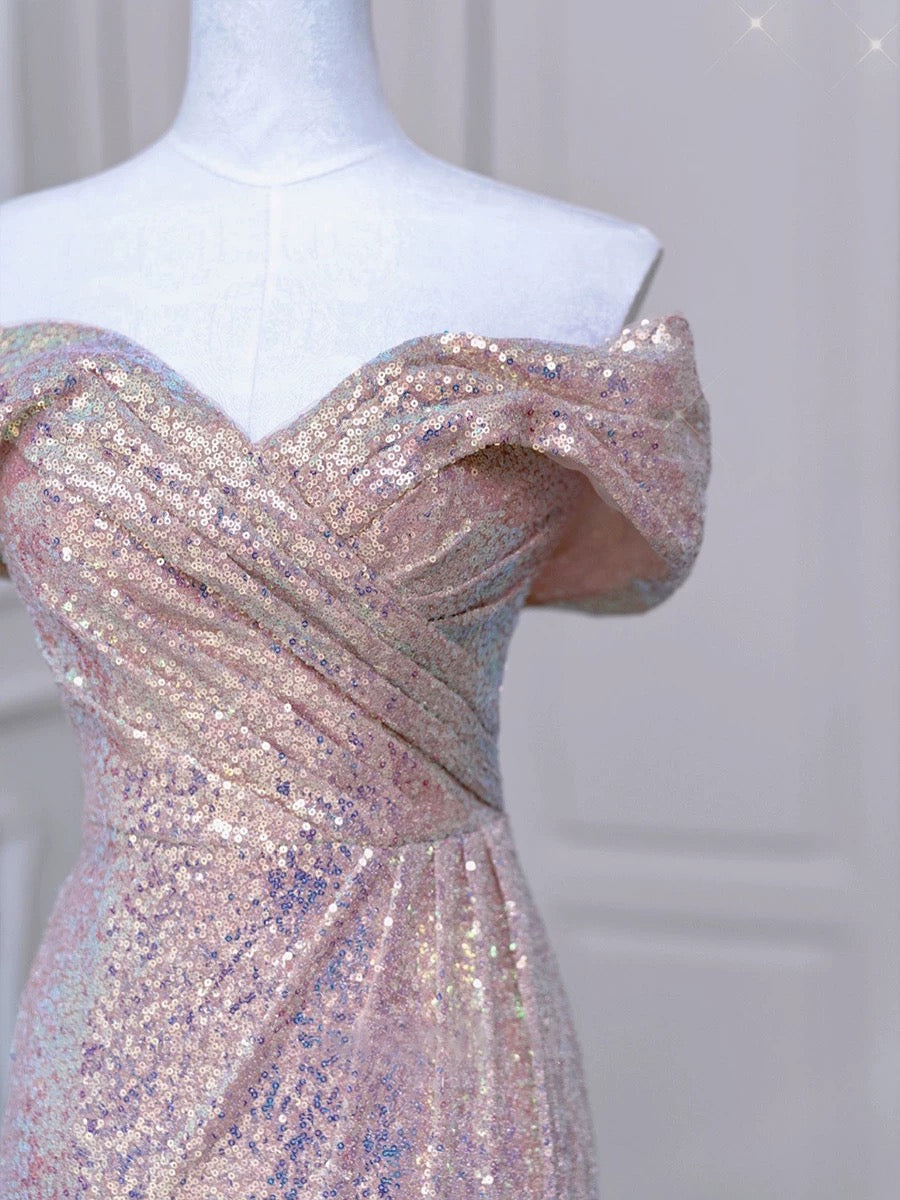 Elegant Mermaid Off The Shoulder Pink Sequin Long Prom Dress Evening Dresses