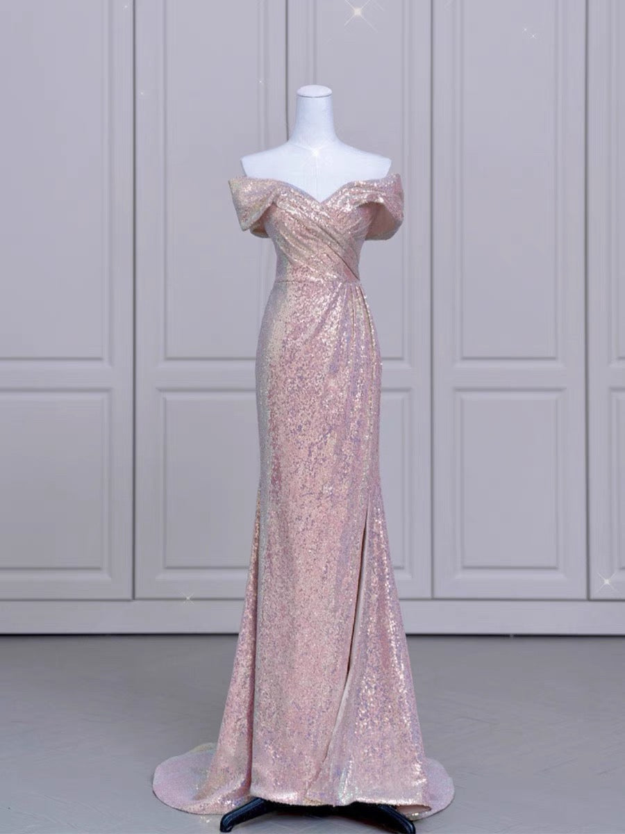 Elegant Mermaid Off The Shoulder Pink Sequin Long Prom Dress Evening Dresses