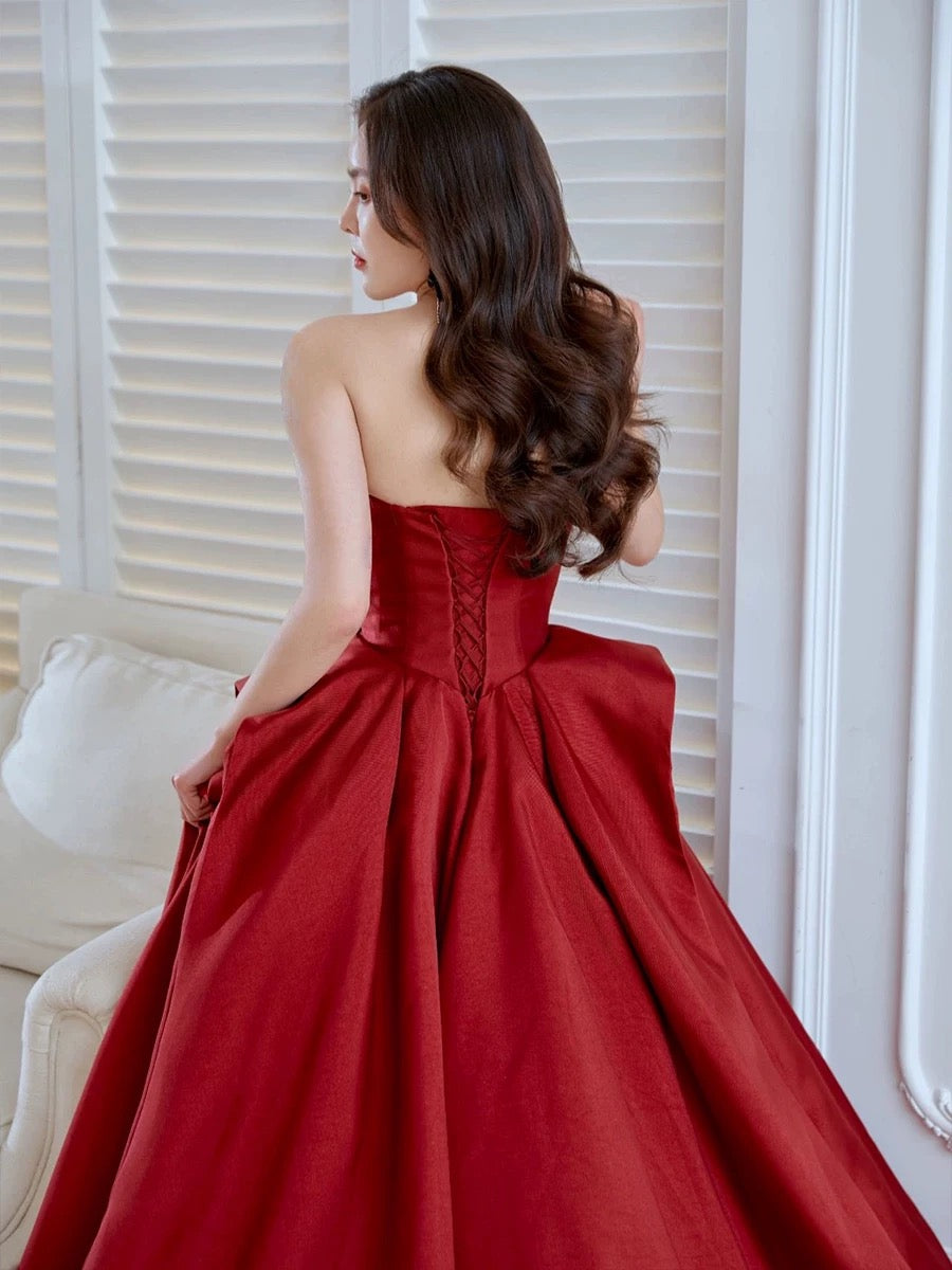Elegant Ball Gown Strapless Burgundy Satin Long Prom Dress Evening Dresses