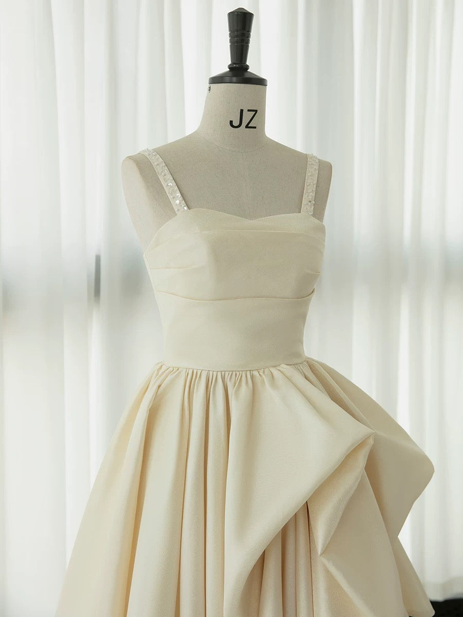 Chic High Low Straps Sleeveless Ivory Satin Wedding Dresses With Ruffles