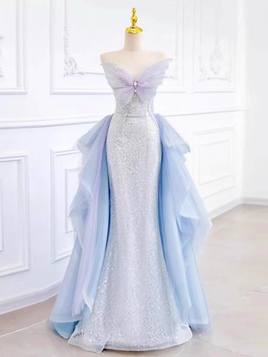 Elegant Mermaid Strapless Neckline Blue Sequin Long Prom Dress Evening Dresses