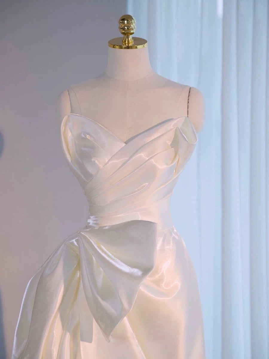 Chic High Low Spaghetti Straps Sleeveless White Satin Wedding Dresses With Ruffles