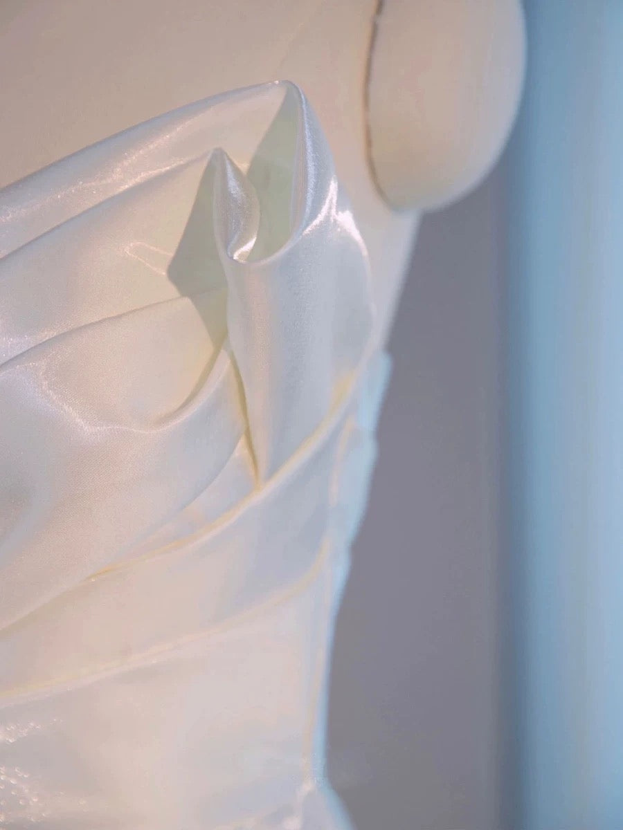 Chic High Low Spaghetti Straps Sleeveless White Satin Wedding Dresses With Ruffles