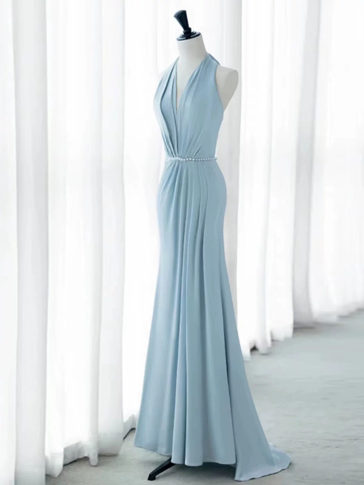 Elegant Mermaid V Neckline Blue Backless Pearls Long Prom Dress Evening Dresses