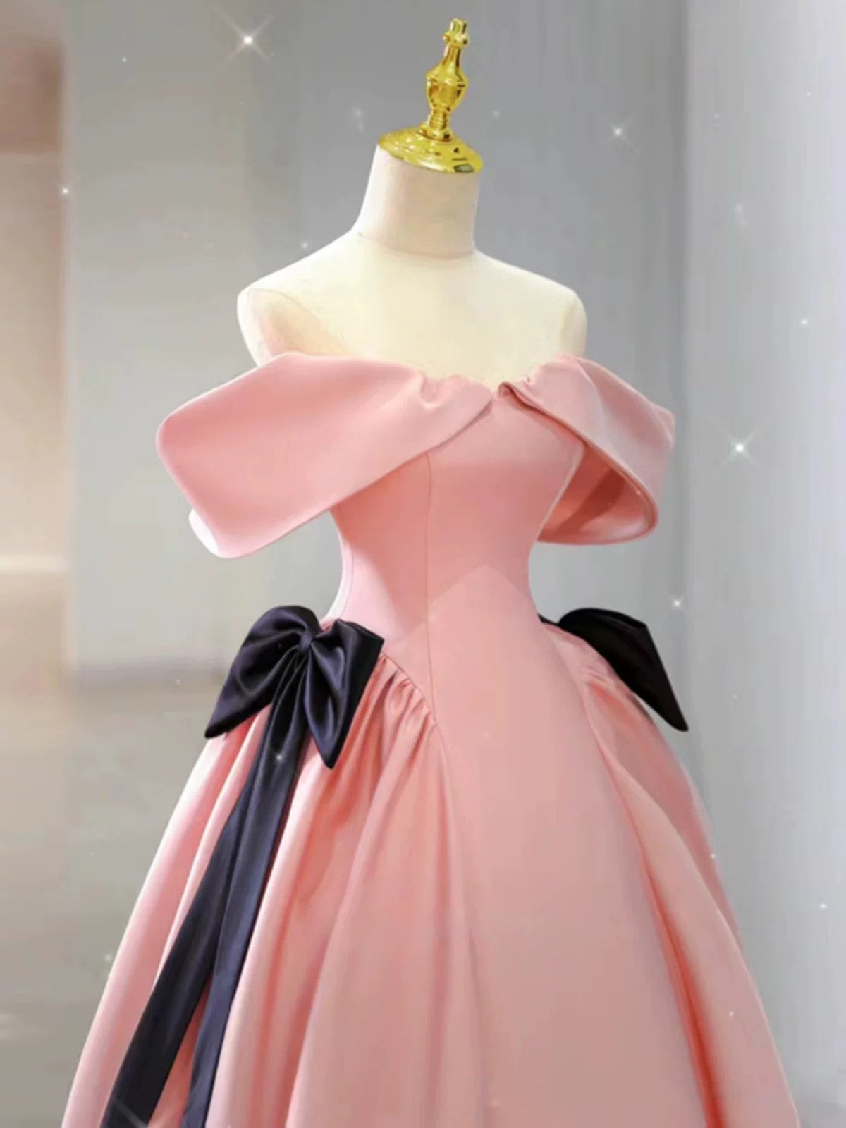 Elegant Ball Gown Off The Shoulder Pink Satin Long Prom Dress Evening Dresses