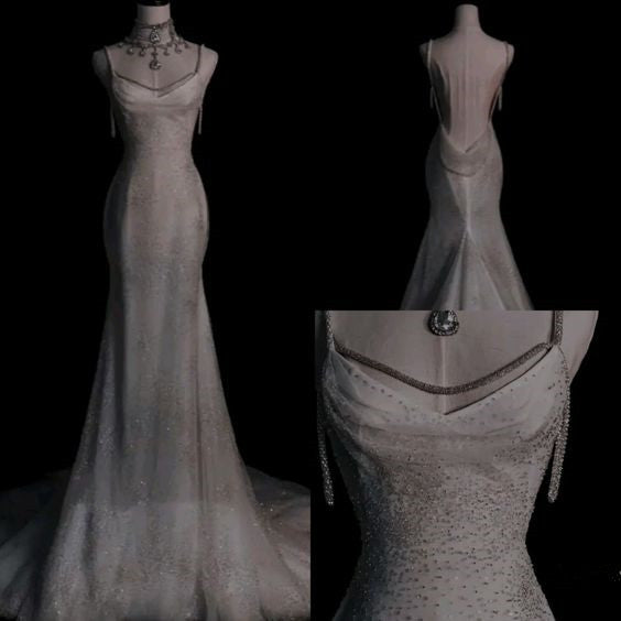 Elegant Mermaid Spaghetti Straps Sequin Long Wedding Dresses