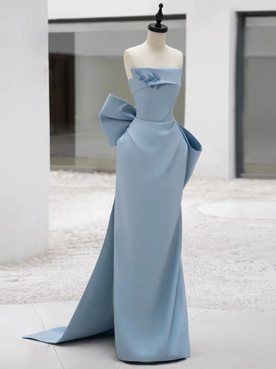 Pretty Sheath Strapless Blue Satin Long Prom Dress Evening Dresses With Bow