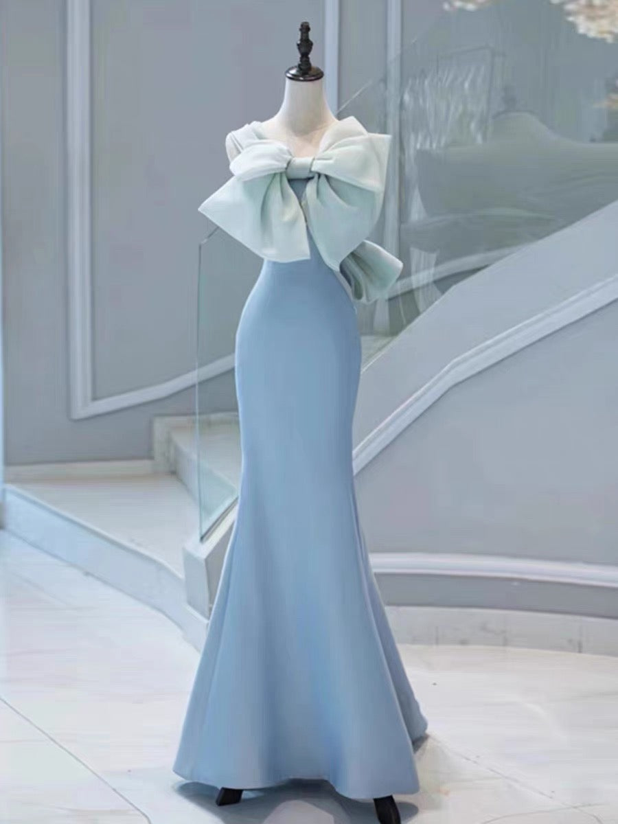 Pretty Mermaid Strapless Blue Satin Long Prom Dress Evening Dresses With Bow