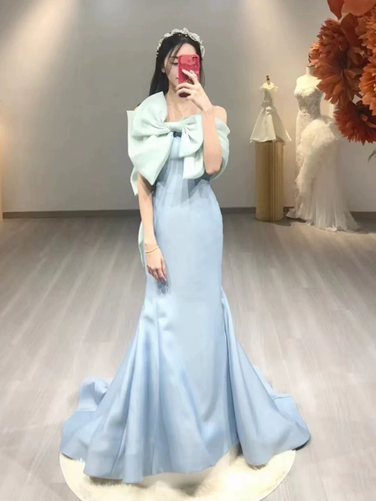 Pretty Mermaid Strapless Blue Satin Long Prom Dress Evening Dresses With Bow