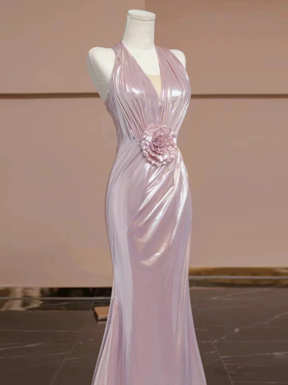 Elegant Sheath V Neckline Pink Sequin Long Prom Dress Evening Dresses With Flowers