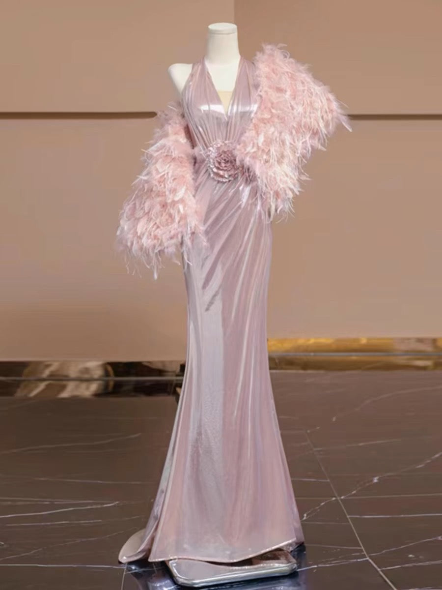 Elegant Sheath V Neckline Pink Sequin Long Prom Dress Evening Dresses With Flowers