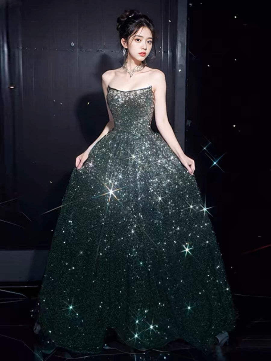Elegant A line Strapless Green Sequin Long Prom Dress Evening Dresses