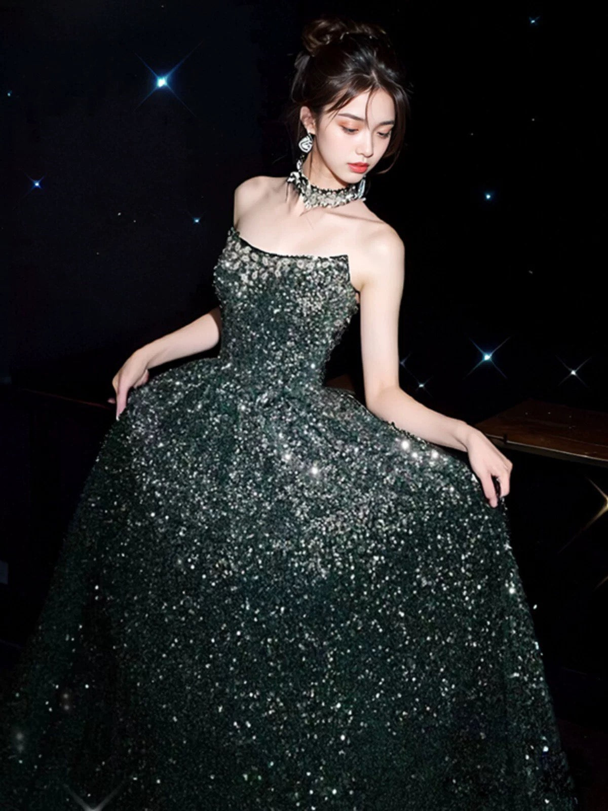 Elegant A line Strapless Green Sequin Long Prom Dress Evening Dresses