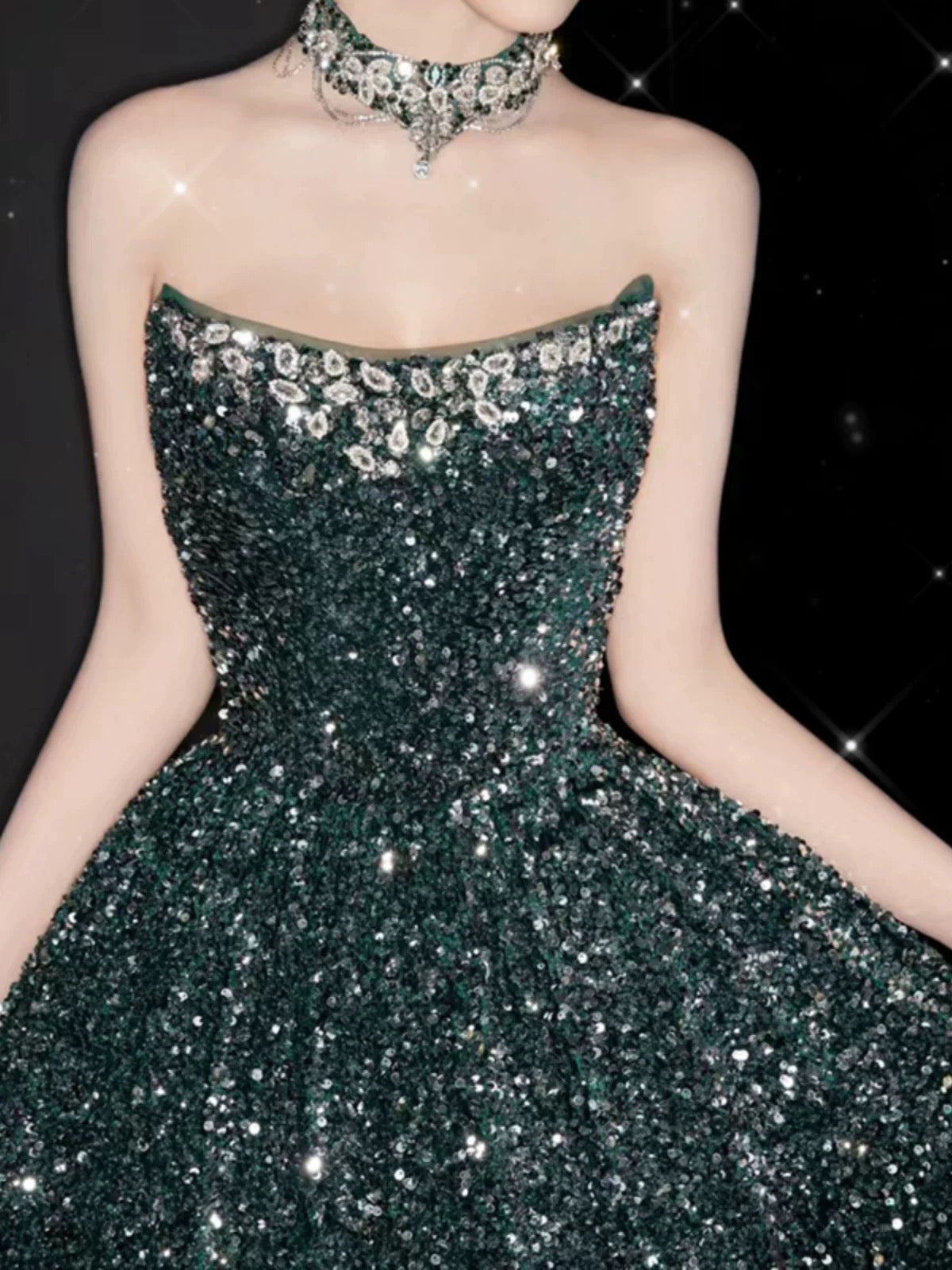 Elegant A line Strapless Green Sequin Long Prom Dress Evening Dresses