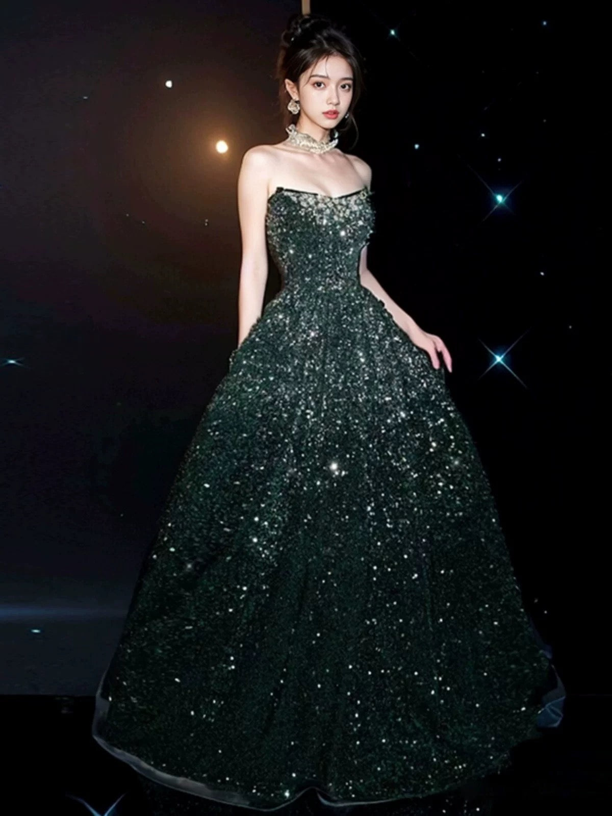 Elegant A line Strapless Green Sequin Long Prom Dress Evening Dresses