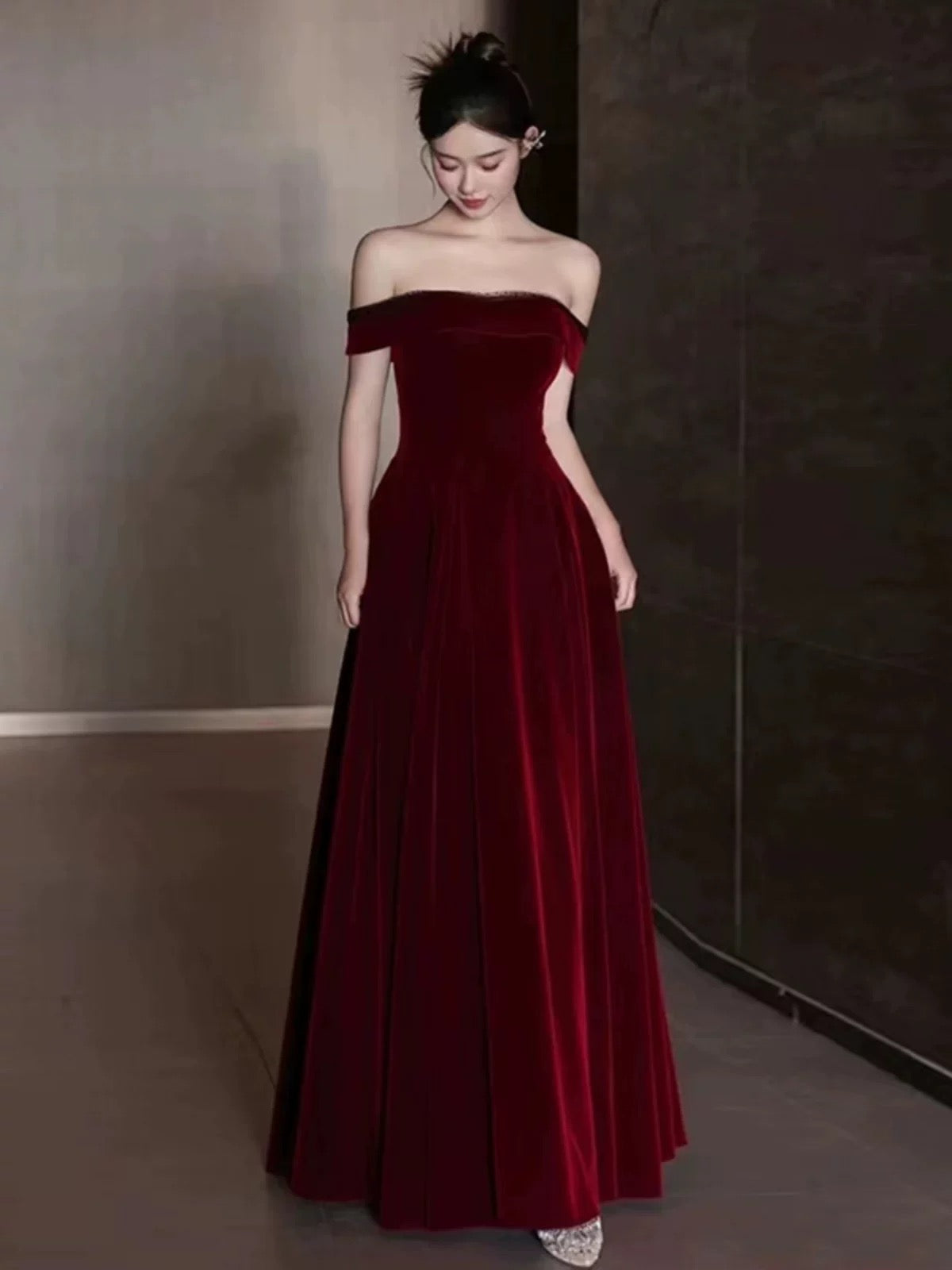 Elegant A line Off The Shoulder Burgundy Velvet Long Prom Dress Evening Dresses