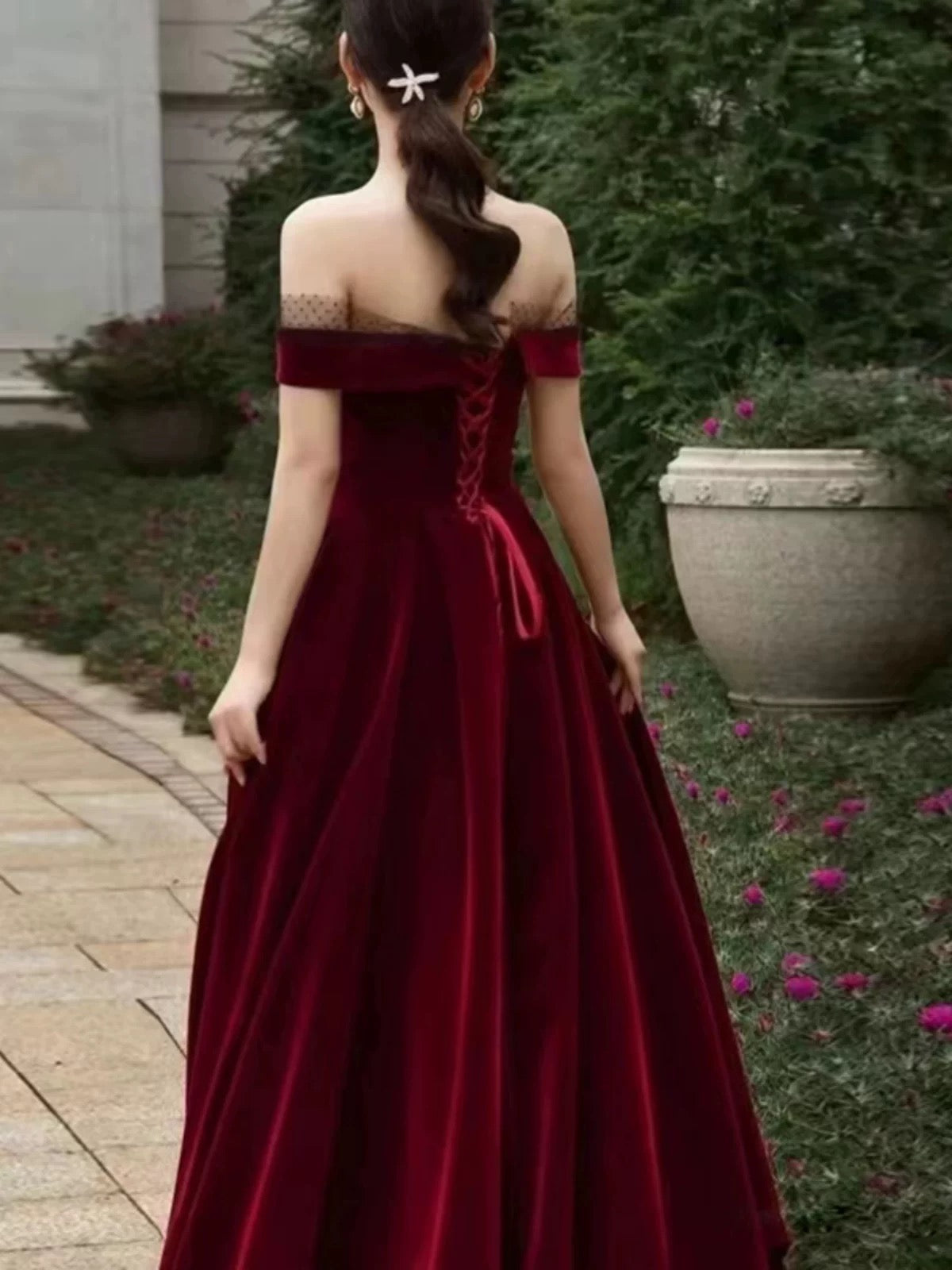 Elegant A line Off The Shoulder Burgundy Velvet Long Prom Dress Evening Dresses