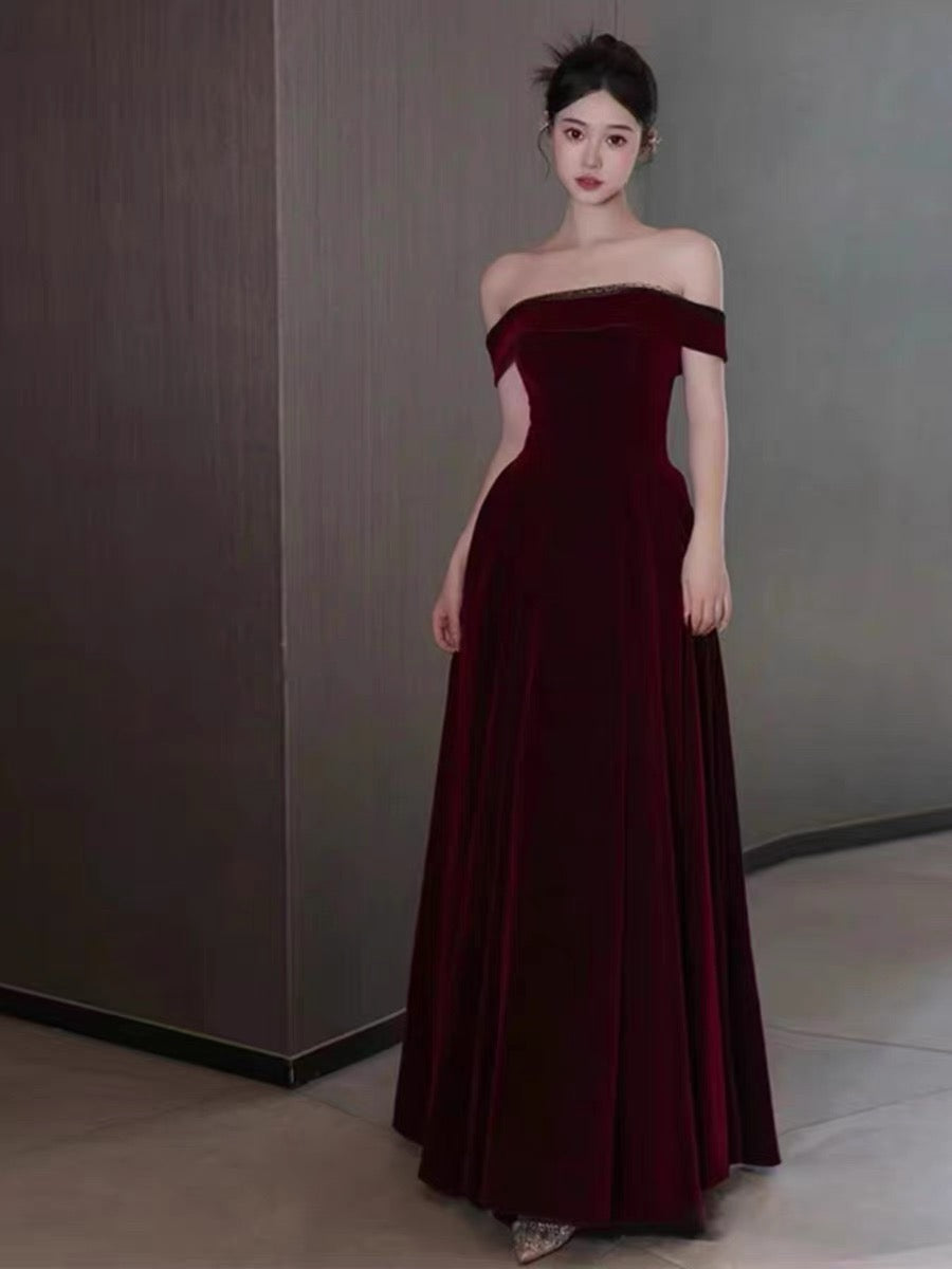Elegant A line Off The Shoulder Burgundy Velvet Long Prom Dress Evening Dresses