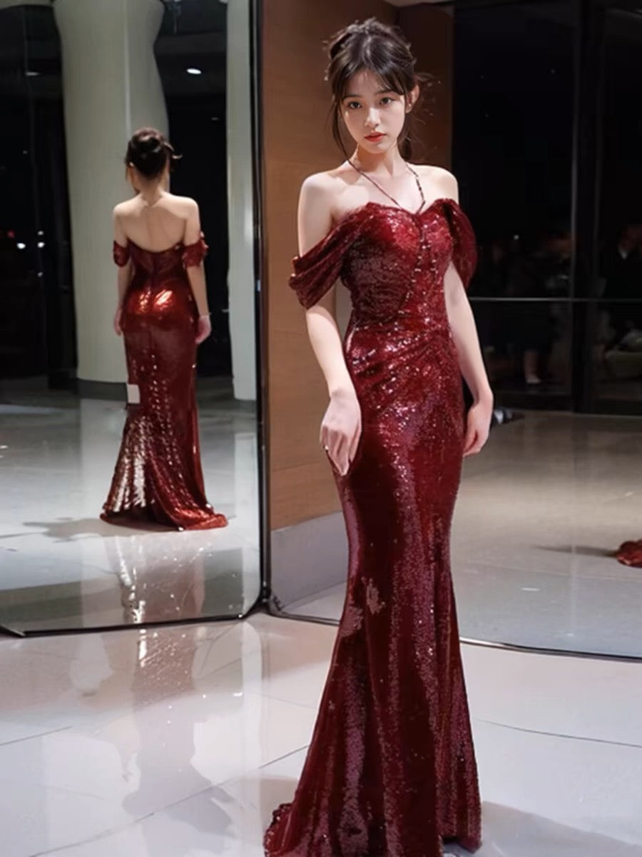 Elegant Mermaid Off The Shoulder Burgundy Sequin Long Prom Dress Evening Dresses