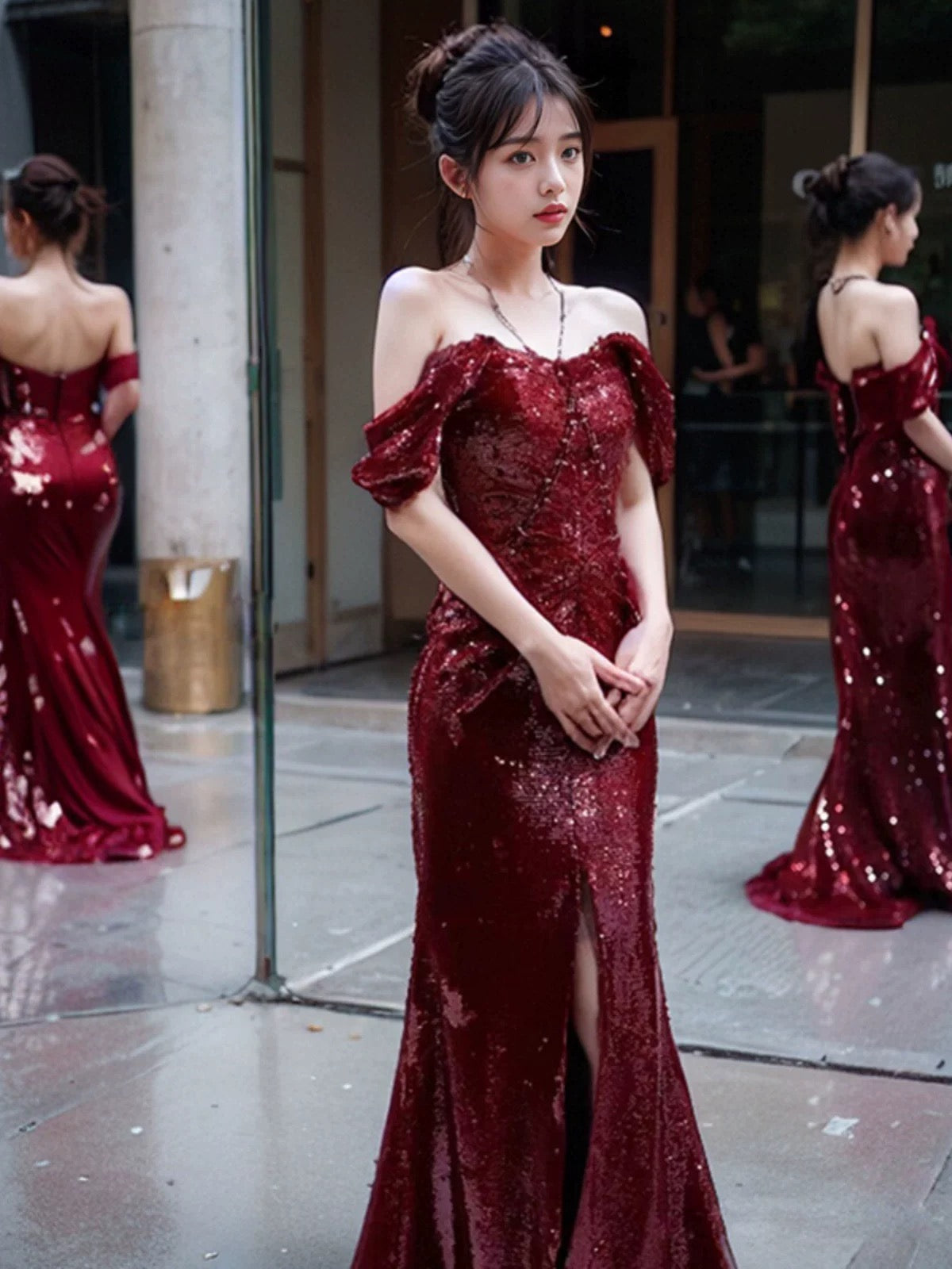 Elegant Mermaid Off The Shoulder Burgundy Sequin Long Prom Dress Evening Dresses